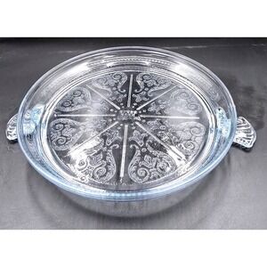 Philbe Sapphire Blue Fire King Glass Serving Dish and Trivet‎ SET Floral Etched